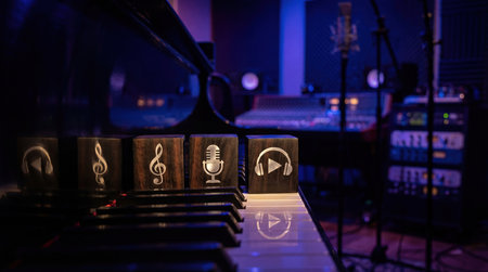 Wooden blocks with music icons on piano keys in a professional recording studio with blue lightingの素材