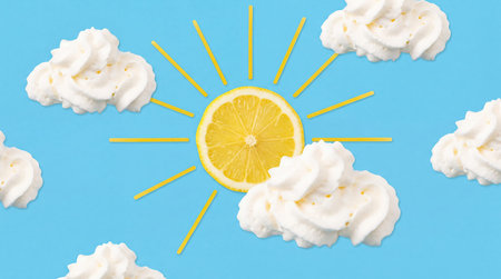 Creative sun made of lemon slice and whipped cream clouds on blueの素材