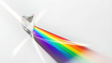 Glass triangular prism dispersing light beam into rainbow color spectrumの素材