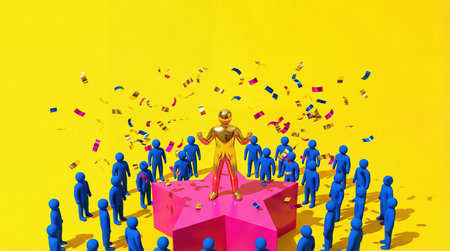 Golden 3D winner figure on pink star podium with confetti and crowdの素材