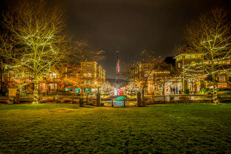 Impressionistic view from a park down street decorated with Holliday lights.の写真素材