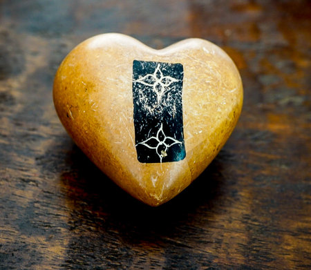 A Black and White Emblem painted on a stone heart on a wood grained table