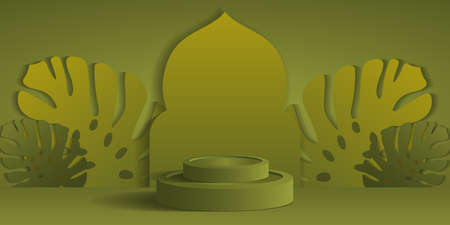 Podium platform with monstera and mosque. Studio background vector 3d. podium display ramadan background.のイラスト素材