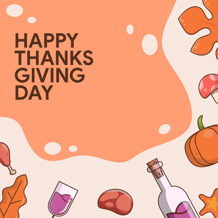 Happy thanksgiving day background for social media with a roasted turkey on a plate, wine, mushrooms, leaves and pumpkinのイラスト素材