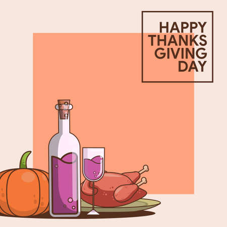 Simple background Happy thanksgiving day for social media with a roasted turkey on a plate, wine, and pumpkinのイラスト素材