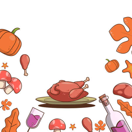 Happy thanksgiving day for social media background with a roasted turkey on a plate, wine, mushrooms, leaves and pumpkinのイラスト素材