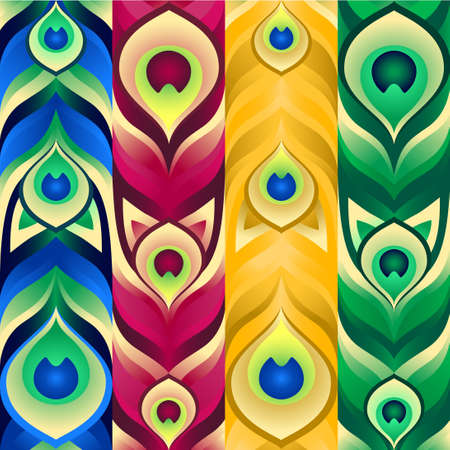 Vertical pattern of blue, red, yellow and green peacock feathers.のイラスト素材