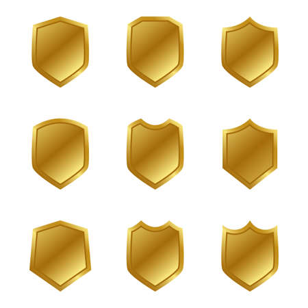Set of golden shield on white. Potection and emblem iconのイラスト素材