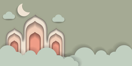 Papercut style ramadan background with dome, moon, and   cloud.のイラスト素材