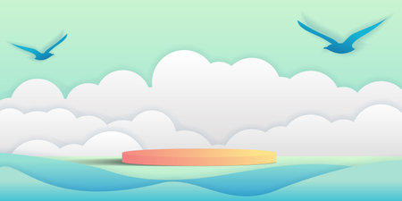 Podium platform for summer products etc. podium display with ocean scene.