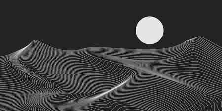 black and white line desert and moon backgroundのイラスト素材