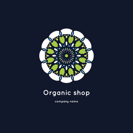 Beautiful circular logo for organic products, cosmetics, boutique, flower shop.Eco shop. Vector vintage mandala logo. Kaleidoscope flower.のイラスト素材
