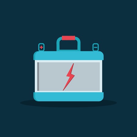 Battery accumulator car auto parts electrical supply power in flat style. Accumulator battery energy power and electricity accumulator. Positive and negative charge. A red sign voltage. Busines icon.のイラスト素材