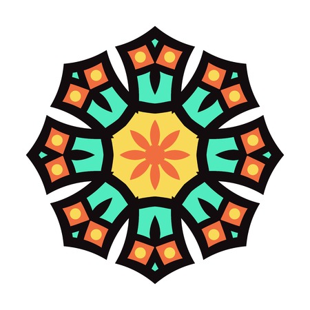 Circular background. Oriental pattern illustration. Flower circular ornament. A stylized mandala. Beautiful ethnic, oriental kaleidoscope big bud. Stylized lace ornament. Vintageのイラスト素材