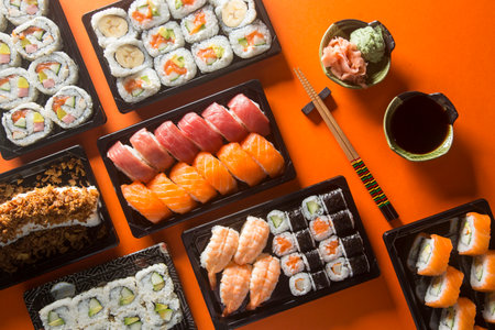 Varied sushi table, seen from above.の写真素材