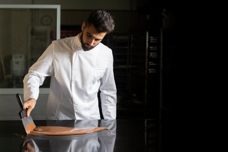 Pastry chef working on tempering chocolate on marble tableの写真素材