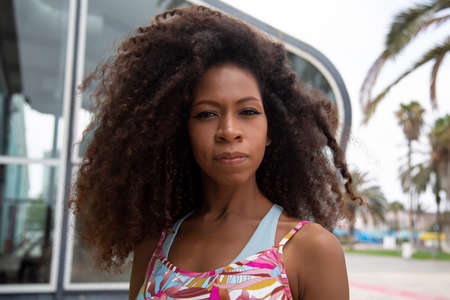 closeup portrait of beautiful young afro womanの写真素材