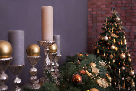 Beautiful christmas tree with decorations in the living roomの写真素材