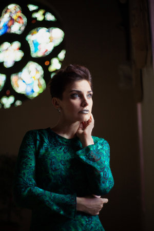 very beautiful woman with fashion make-up in a long evening dressの写真素材