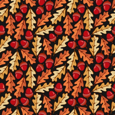 Oak leaf and Acron Seamless Pattern on black backgroundのイラスト素材