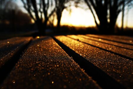 Ice Crystals on wooden Floor during Sunriseの写真素材