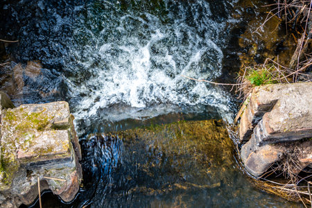 A small stream flows through the rocks in the forest. Nature backgroundの写真素材