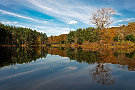 reflection,lake nawahunta new jersey in the autumn sceneryの写真素材
