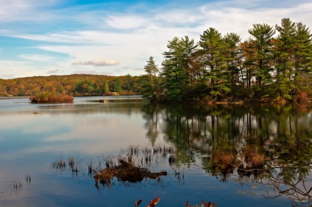 reflection,lake nawahunta new jersey in the autumn sceneryの写真素材
