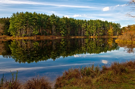 reflection,lake nawahunta new jersey in the autumn sceneryの写真素材