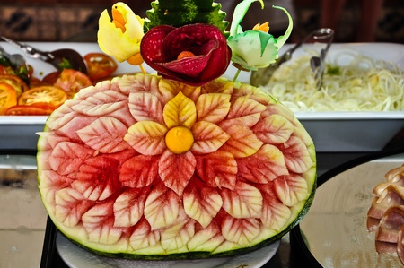 Watermelon carved in the shape of a flowerの写真素材