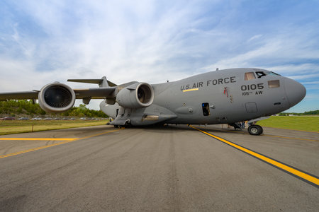 NEW WINDSOR, NY - SEPTEMBER 3, 2016: Giant C-17 Globemaster III taking off at Stewart International...