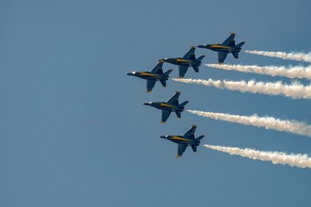 NEW WINDSOR, NY - JULY 2, 2017: U.S.NAVY Blue Angles perform at the Stewart International Airport during the New York Airshow. Squadron is the official air demonstration team for the United States Air Forceのeditorial素材