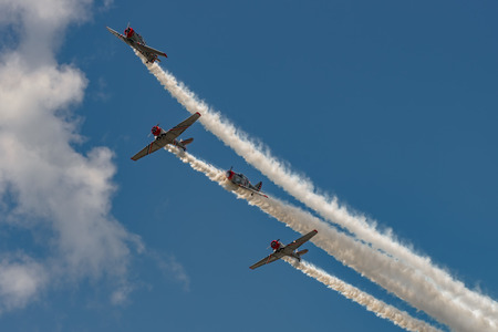 NEW WINDSOR, NY - JULY 2, 2017: The GEICO Skytypers Air Show Team perform at the New York Airshow at Stewart Int Airport. SNJ-2 World War II era planes fly in formation.のeditorial素材