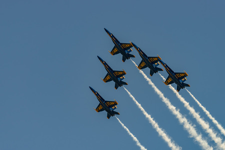 NEW WINDSOR, NY - JULY 2, 2017: U.S.NAVY Blue Angles perform at the Stewart International Airport during the New York Airshow. Squadron is the official air demonstration team for the United States Air Forceのeditorial素材