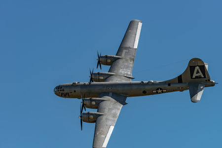 READING, PA - JUNE 3, 2017: Boening
B-29 Superfortress 'FIFI'
in flight during World War II reenactment at Mid-Atlantic Air Museumの写真素材