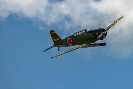 READING, PA - JUNE 3, 2017: Nakajima B5N2 "KATE"in flight during World War II reenactment at Mid-Atlantic Air Museumのeditorial素材