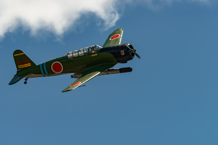 READING, PA - JUNE 3, 2017: Nakajima B5N2 "KATE"in flight during World War II reenactment at Mid-Atlantic Air Museumのeditorial素材