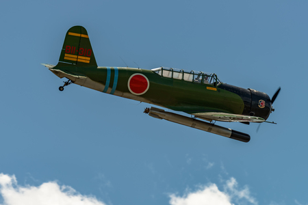 READING, PA - JUNE 3, 2017: Nakajima B5N2 "KATE"in flight during World War II reenactment at Mid-Atlantic Air Museumのeditorial素材