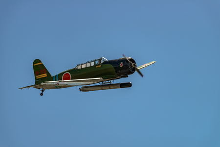 READING, PA - JUNE 3, 2017: Nakajima B5N2 "KATE"in flight during World War II reenactment at Mid-Atlantic Air Museumのeditorial素材