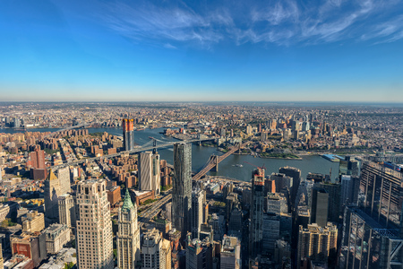 Aerial view of Skyline with Skyscrapers in Downtown Manhattan and Lower Manhattan, New York City, USA.のeditorial素材