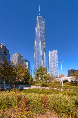 Lower Manhattan urban skyscrapers in New York Cityの写真素材