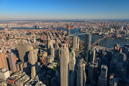 Aerial view of Skyline with Skyscrapers in Downtown Manhattan and Lower Manhattan, New York City, USA.のeditorial素材