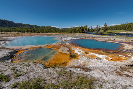 Colorful Hot Springs in Biscuit Basin in Yellowstone National Park, Wyoming, USAの写真素材