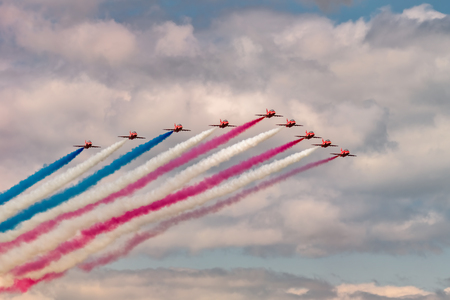 NEW WINDSOR NY - AUGUST 2, 2019: Royal Air Force Red Arrows perform at the Stewart International Airport during the New York Airshow.のeditorial素材