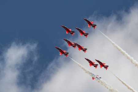 NEW WINDSOR NY - AUGUST 2, 2019: Royal Air Force Red Arrows perform at the Stewart International...