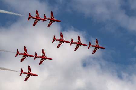 NEW WINDSOR NY - AUGUST 2, 2019: Royal Air Force Red Arrows perform at the Stewart International Airport during the New York Airshow.のeditorial素材