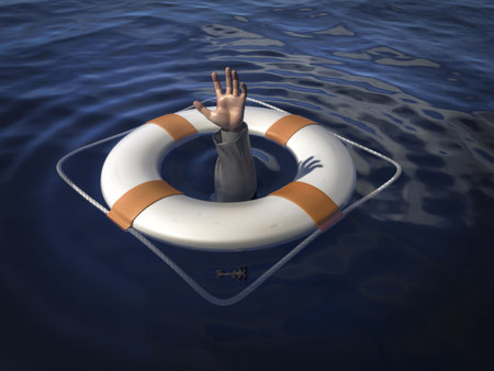 A life saver with the arm of a business man from under the water. Concept image to illustrate a...