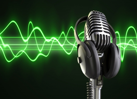 A microphone with headphones on top woth a audio wave background. A microphone with headphones on top woth a audio wave background.