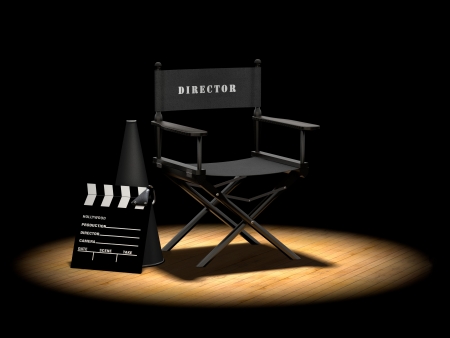 Director's chair with megaphone and clapper board on a wood floor under a spotlight