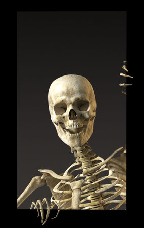 A skeleton standing casually and holding a sign on a white backgroundの写真素材